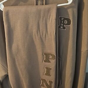 PINK Victoria's Secret Zip Up Hoodie Sweatshirt And Sweatpants. Light Brown/pink